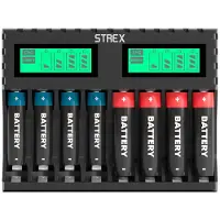 Strex Battery Charger - 8x AA/AAA Batteries - USB Rechargeable - Ecran LCD - Chargeur universel pour piles rechargeables