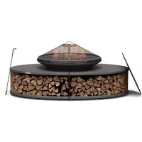 Blumfeldt Ebeko Brasero Exterieur - Barbecue & Table, 3-en-1 Brasero en Acier Durable, Pare-Étincelles & Tisonnier Inclus, Rangement Bûches, Housse Imperméable, Idéal Jardin & Terrasse