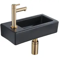 Qeramiq Fuente pack lave-mains – 37,5 x 18,5 x 9 cm – céramique noir mat – perçage à gauche – robinet doré brossé SW1122451/SW696208/SW696218/SW696238