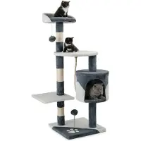 Lionto Arbre à chat pour chats, hauteur 112 cm, avec grotte, corde en sisal, boules en peluche & support mural, arbre à grimper compact, gris/blanc