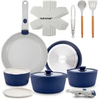 Nutrichef Ensemble de casseroles , 18 pièces, en céramique bleue, avec poignées amovibles, compatible induction