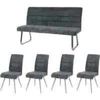Mendler Set de salle à manger HWC-G55, set de 4 chaises + banquette 160cm, inox brossé tissu/textile chenille bleu-vert
