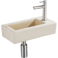 Qeramiq Fuente pack lave-mains – 37,5 x 18,5 x 9 cm – céramique beige – perçage à droite – robinet inox brossé SW1122448/SW696207/SW696217/SW696237