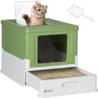 PawHut Bac à litière avec couvercle, pelle et maison pour chat, en plastique, vert