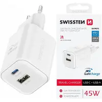 Swissten Chargeur de voyage GaN 1xUSB-C 45W PD + 1xUSB-A 18W QC blanc