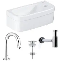 GROHE Euro pack lave-mains – 36,9 x 18 x 12 cm – céramique blanche – robinet courbé chromé – avec siphon Saniclass sw1175/0437366/sw6267/sw197129/