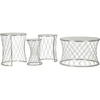 Mauro Ferretti Ensemble De 4 Tables Basses Noah Argentées - Tables Basses En Métal Argenté Et Verre Trempé, Motif Diamant, Style Glamour - 940