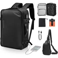 Vevor Sac à dos à vide, 65 L, sac à dos de voyage à compression à vide extensible avec pompe, avec serrure homologuée TSA, port de chargement USB, bagage à main imperméable, pour les affaires, noir