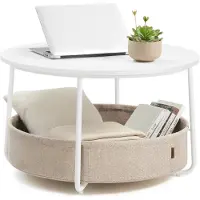 Vasagle Table basse ronde d'appoint, panier en tissu, cadre en métal, blanc mat et marron camel