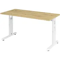 Hjh OFFICE PRO Bureau Mini-Office série O | 67 cm de profondeur | bac à câbles inclus | pied en C | réglable en hauteur, Dimension plateau:140 x 67,2 cm, Couleur plateau:Chêne cendré, Couleur piètement:Blanc
