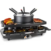 Klarstein Appareil a Raclette et Fondue 3-en-1, Machine a Raclette avec Pierrade de 1100W, Gril en Pierre, Appareil Raclette pour 8 Personnes, Poelon Raclette, Fourchettes à Fondue, Service Raclette