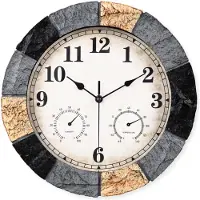 Sensahome Horloge murale YS1002 - Horloge murale d'extérieur étanche en résine imitation pierre - Horloge ronde d'extérieur - Ø33 cm - Gris
