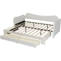 OKWISH Lit de jour 90x200 canapé-lit extensible à 180x200 avec 2 tiroirs de rangement lit simple avec ports USB et Type-C lit double velours beige (sans matelas)