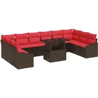 vidaXL Ensemble de salon , 11 pièces, 10 places, marron et rouge, en résine tressée