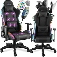 TecTake Chaise de gaming TARTAROS avec fonction massage et LED - noir/noir