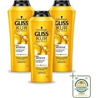 GLISS 3 flacons de shampooing nourrissant à l'huile Kur pour cheveux secs et abîmés, 400 ml chacun - Pack économique - 3 pièces