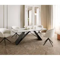 DELIFE Table à manger Edge en forme de bateau 200x100 céramique Calacatta Luxe blanc-doré-gris cadre en V acier plat noir