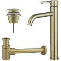 FortiFura Calvi Kit mitigeur lavabo - robinet rehaussé - bonde clic clac - siphon design bas - PVD Laiton brossé SW720549/SW696202/SW696218