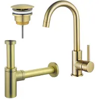 FortiFura Calvi Kit robinet lavabo - robinet haut - bec rotatif - bonde non-obturable - siphon design - Laiton brossé PVD SW809349/SW696208/SW696213