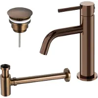 FortiFura Calvi Slim Ensemble de robinet lavabo - bas - bonde non-obturable - siphon bas design - Cuivre SW799405 / SW970029 / SW799403