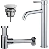 FortiFura Calvi Kit mitigeur lavabo - robinet rehaussé - bonde non-obturable - siphon design bas - Chrome brillant SW377811/SW696209/SW696219