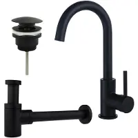 FortiFura Calvi Kit robinet lavabo - robinet haut - bec rotatif - bonde clic clac - siphon design bas - Noir mat SW809347/SW696199/SW696215