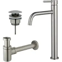 FortiFura Calvi Slim Kit mitigeur lavabo - robinet rehaussé - bonde clic clac - siphon design bas - PVD Inox brossé SW377859/SW696201/SW696217