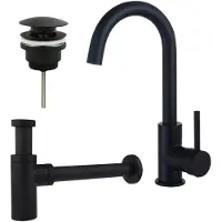 FortiFura Calvi Kit robinet lavabo - robinet haut - bec rotatif - bonde clic clac - siphon design - Noir mat SW809347/SW696199/SW696210