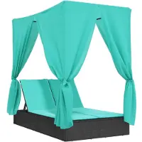 vidaXL Bain de soleil double avec toit et rideaux noir Poly-Rattan
