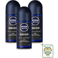 Nivea 3 déodorants roll-on MEN Deep Action au charbon actif - 50 ml - Pack économique - 3 pièces