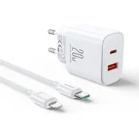 JOYROOM 20W Usb-C / Usb-A Jr-Tcf05 Chargeur rapide à double port - Blanc + câble Usb-C - Lightning 1M