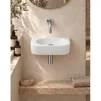 Qeramiq Fuente pack lave-mains – demi-rond – 40 x 21,5 x 12 cm – céramique blanc mat – sans perçage – robinet chromé SW1210763/SW696209/SW696219/SW1108827