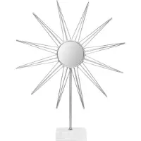 Padiro Miroir Deko-Spiegel sur pied, dimensions 64 x 12 x 75 cm, couleur argentée et blanche, matériaux : métal, verre miroir et marbre, motif soleil avec miroir