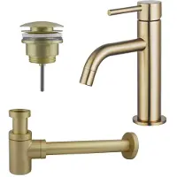 FortiFura Calvi Slim Kit mitigeur lavabo - robinet bas - bonde clic clac - siphon design bas - PVD Laiton brossé SW720545/SW696202/SW696218