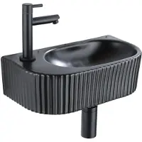 Qeramiq Fuente pack lave-mains – demi-rond – 40 x 21,5 x 12 cm – céramique noir mat – robinet noir mat – cannelé SW1522212/SW696205/SW696215/SW696235