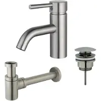 FortiFura Calvi Kit mitigeur lavabo - robinet bas - bonde clic clac - siphon design bas - PVD Inox brossé SW377856/SW696201/SW696217