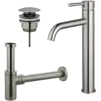 FortiFura Calvi Kit mitigeur lavabo - robinet rehaussé - bonde clic clac - siphon design - PVD Inox brossé SW377857/SW696201/SW696212