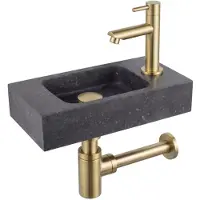 FortiFura Fuente pack lave-mains – rectangulaire – 40 x 22 x 9 cm – pierre naturelle noire – robinet doré mat SW696238/SW696208/SW696218/SW533192