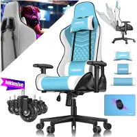 Kesser Fauteuil gaming avec appui-tête et coussin lombaire - Fauteuil gaming ergonomique - Charge maximale : 150 kg - Accoudoirs pivotants à 360° - Fauteuil de bureau pivotant - Bleu clair et blanc