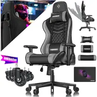 Kesser Fauteuil gaming avec appui-tête et coussin lombaire - Fauteuil gaming ergonomique pouvant supporter jusqu'à 150 kg - Accoudoirs pivotant à 360° - Fauteuil de bureau pivotant - Noir / Gris