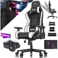 Kesser Chaise de gaming avec repose-tête et coussin lombaire. Fauteuil de jeu ergonomique, supportant jusqu'à 150 kg, avec accoudoirs pivotants à 360°. Chaise de bureau pivotante, noire/blanche