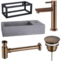 FortiFura Fuente pack lave-mains – rectangulaire – 40 x 22 x 23,5 cm – béton gris – robinet cuivre – avec cadre SW970033/SW799405/SW799403/SW373151/SW405221