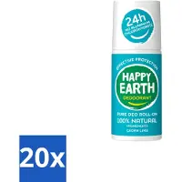Happy Earth 20 déodorants roll-on "" parfum cèdre et citron vert, 100% naturels, 75 ml - Pack avantage - 20 pièces