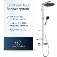 Ideal standard Système de douche Ceratherm Alu+ comprenant un thermostat de douche, 2 étagères, une douchette à main à 2 fonctions et une pomme de douche à 2 fonctions