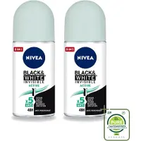 Nivea 2 x Déodorant roll-on MEN Black & White Invisible Active, 50 ml - Lot de 2