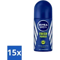 Nivea 15 déodorants roll-on MEN Fresh Power - 50 ml - Pack économique - 15 pièces