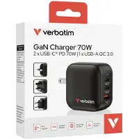 Verbatim Chargeur GaN - - Mini Chargeur 70W - 3 Ports - Adaptateurs UE et UK