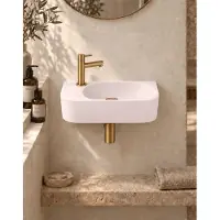 Qeramiq Fuente pack lave-mains – demi-rond – 40 x 22 x 12 cm – céramique lin – perçage à gauche – robinet doré brossé SW1449883/SW696202/SW696213/SW696238