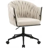 FurniTex Chaise pivotante beige à dossier tressé sur roulettes, tissu Fabb LORD