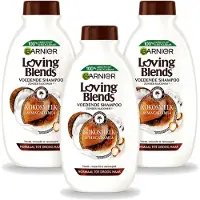 Garnier 3 bouteilles de shampooing Loving Blends, lait de coco et macadamia, pour cheveux normaux à secs, 300 ml. Pack économique